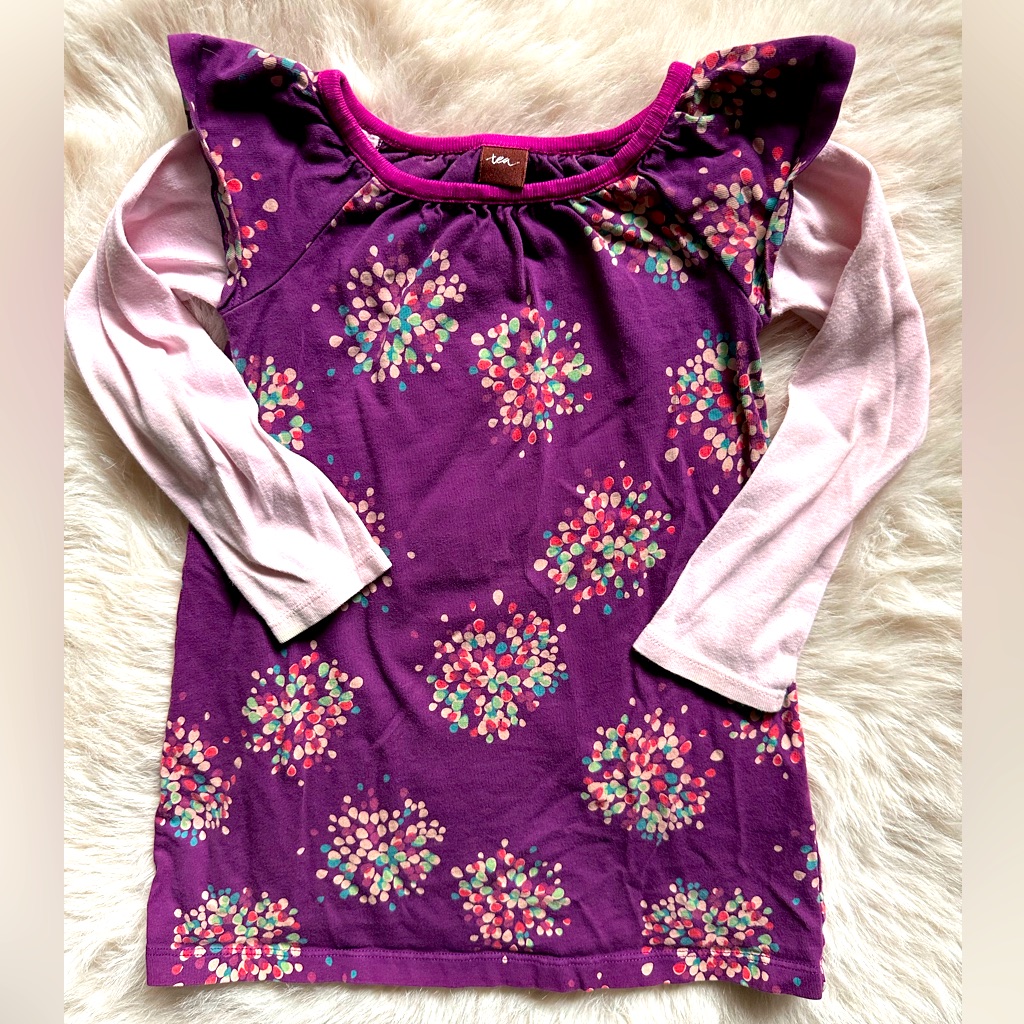 Tea Collection Purple Floral Dot Dress With Pink Sleeves Girls Size 3t